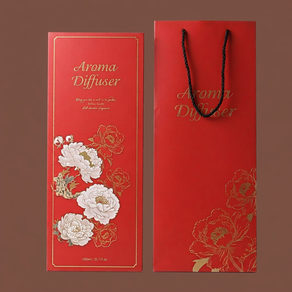 Diffuser box and gift bag on a warm-brown background matching the block